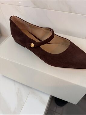 Lauren Ralph Lauren Dark Brown Suede Mary Jane Flats with Gold Button